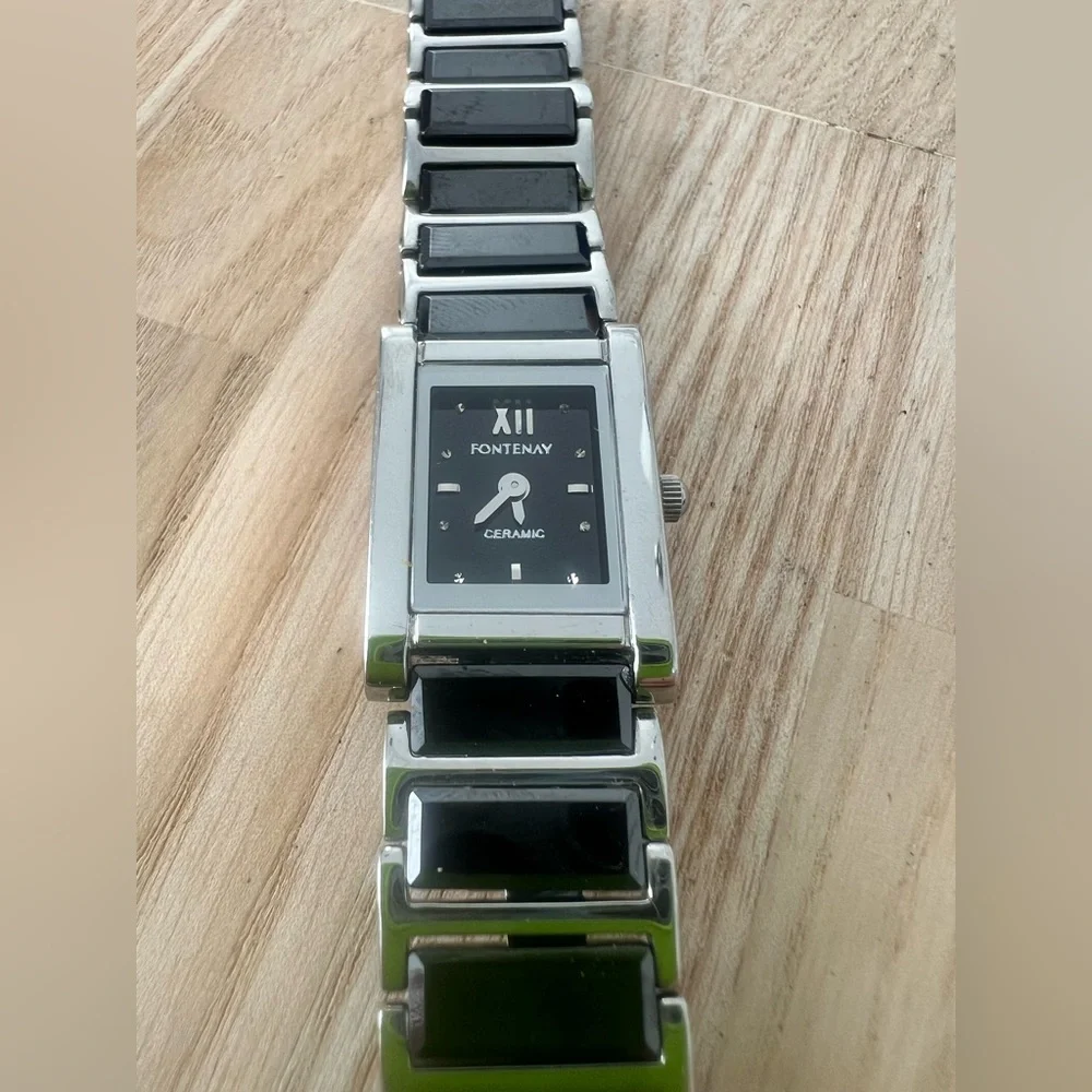 Fontenay Paris ladies rectangular silver tone black ceramic watch NEW BATTERY